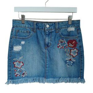 Aeropostale Denim Mini Skirt Floral Embroidered Raw Hemline Size 6
